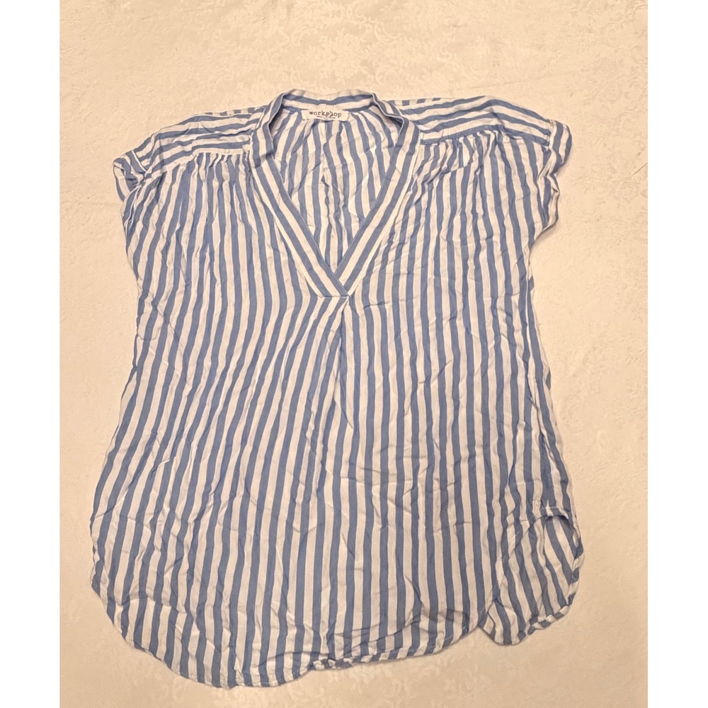 Workshop Republic Clothing Blue White Striped V-Neck Blouse XS Short Sleeve Top